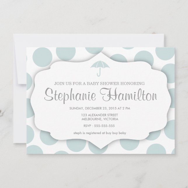Convite chá de bebê bolinhas guarda-chuva azul (Frente)