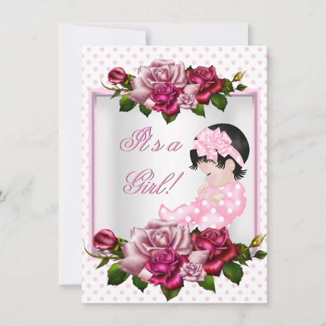 Convite Chá de Bebê Bonito Menina Rosas Cor-de-Rosa Bolinh (Frente)
