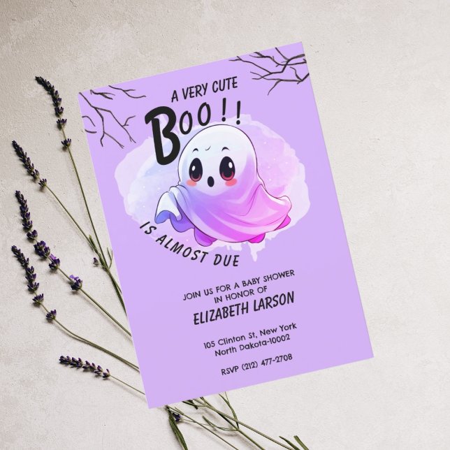 Convite Chá de Bebê Boo Halloween Roxo Tema Festa Fofo (Criador carregado)