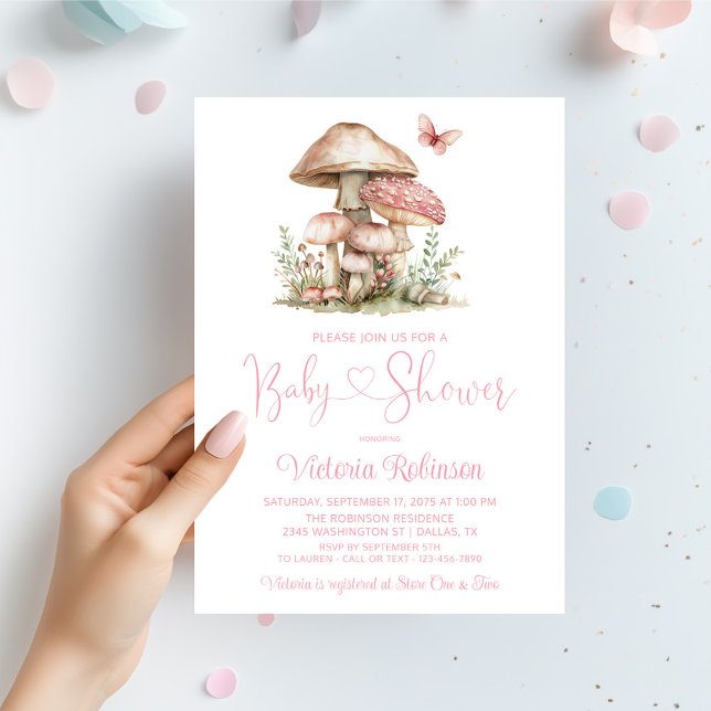 Convite Chá de Bebê Borboleta de Cogumelo Rosa Caprichoso (Girl mushroom and butterfly baby shower invitation. Simply add your event details. )
