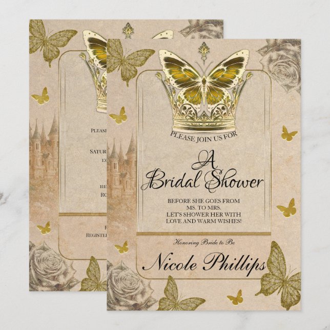 Convite Chá de Bebê Borboleta Dourada de Conto de Fadas Vi (Frente/Verso)