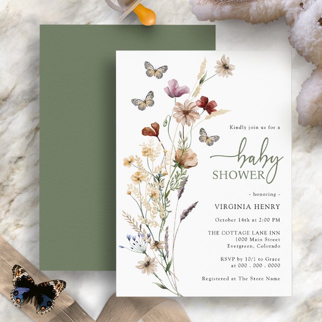 Convite Chá de Bebê Borboleta Flor Silvestre Salvia (Boho Wildflower Butterfly Sage Green Baby Shower Invitation )
