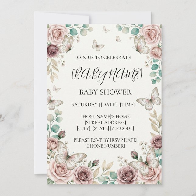 Convite Chá de Bebê Borboleta Floral Personalizado (Frente)