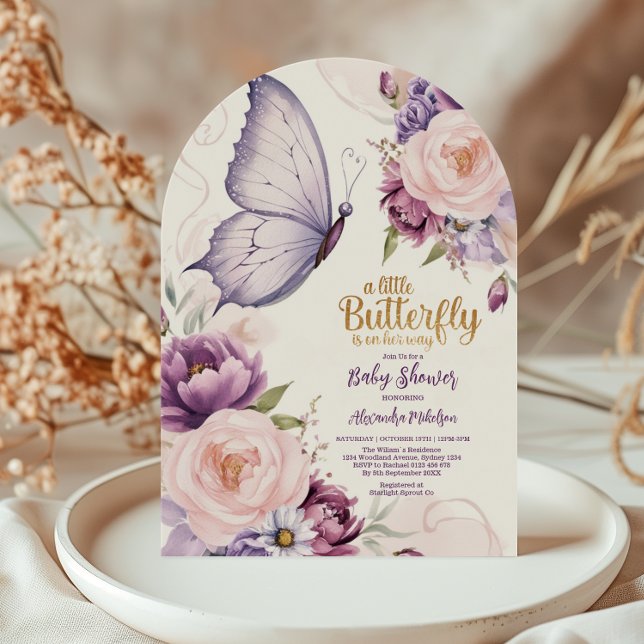 Convite Chá de Bebê Borboleta Floral Roxo Rosado (Criador carregado)