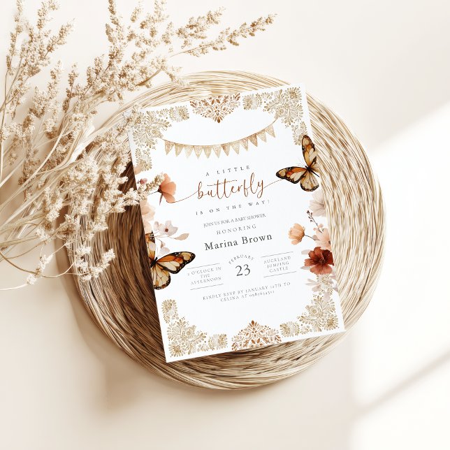 Convite Chá de Bebê Borboleta Monarca  (girl baby shower invitations- butterfly baby shower invite-Mexican Talavera baby shower)