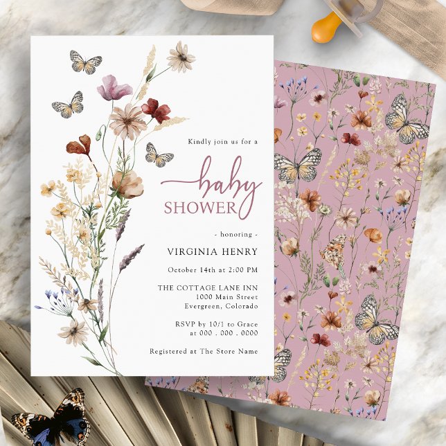 Convite Chá de Bebê Borboleta Rosa (Pink Boho Wildflower Butterfly Baby Shower Invitation by Painted Paperie)