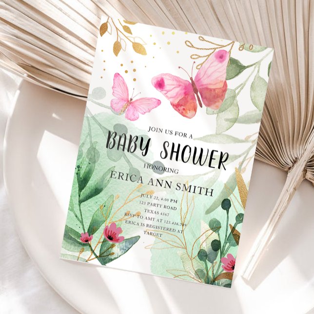 Convite Chá de Bebê Borboleta Rosa Dourado Folhagens (Criador carregado)
