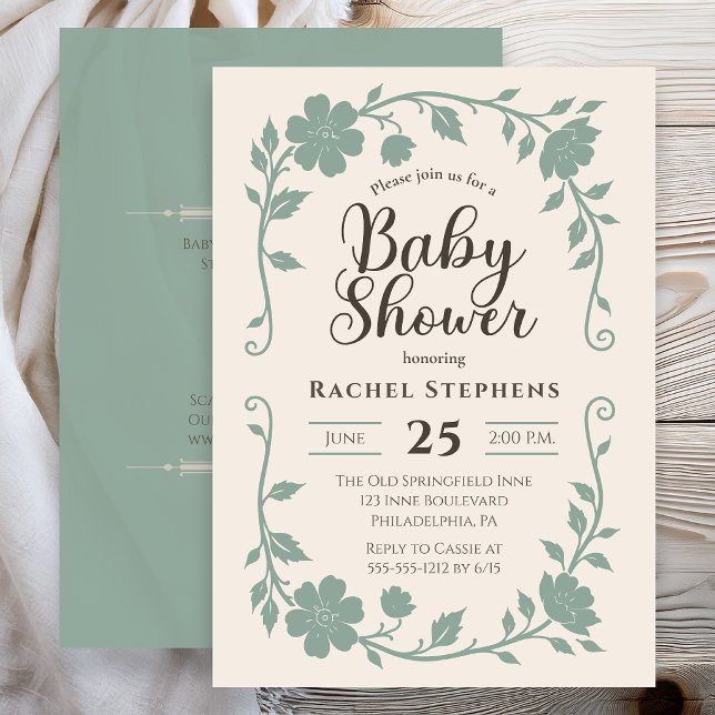 Convite Chá de Bebê Botânico Elegante Neutro Sage (Elegant botanical baby shower invitation with sage green floral frame on neutral background )