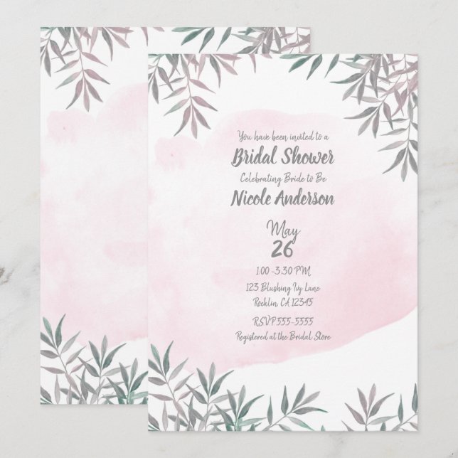 Convite Chá de Bebê Botânico em Aquarela Rosa Cor de Blush (Frente/Verso)