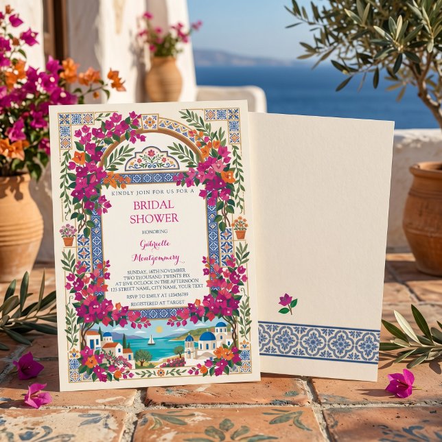 Convite Chá de Bebê Bougainvillea Mediterrâneo Grego (Criador carregado)
