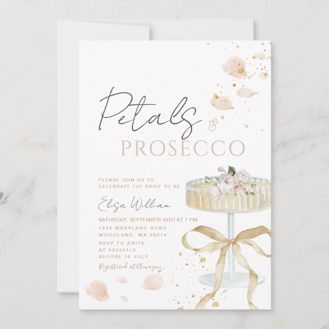 Convite Chá de Bebê Bow Gold Pétalas e Prosecco  (Frente)
