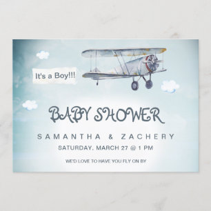 Convite *~* Chá de Bebê-Boy de Nuvens de Vintage Plane Clo