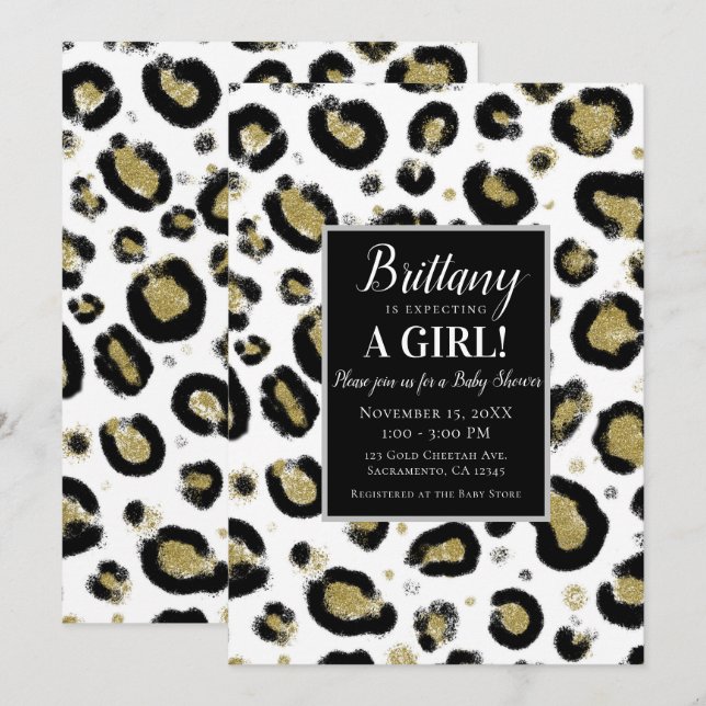 Convite Chá de Bebê Branco Dourado Glitter e Leopardo Pret (Frente/Verso)