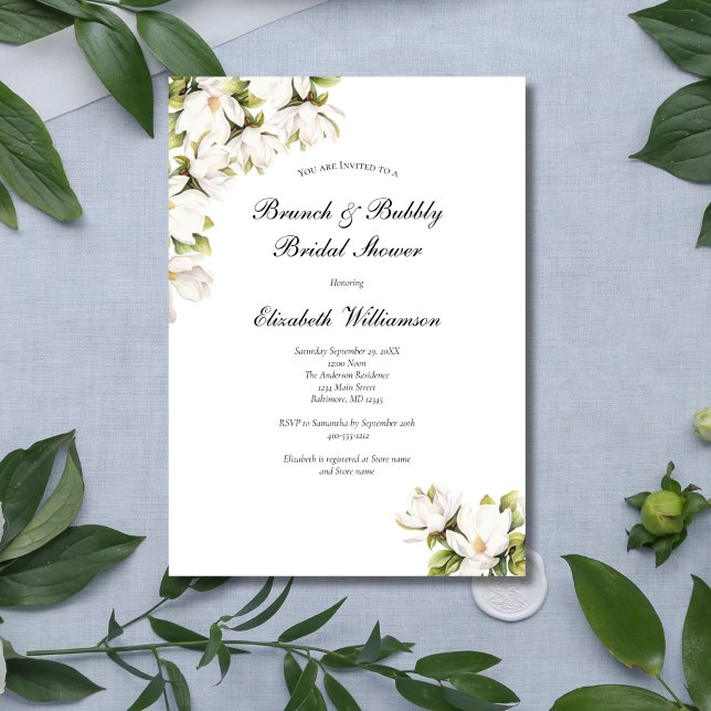 Convite Chá de Bebê Bridal com Espumante e Magnólia Floral (White Magnolia Floral Elegant Bridal Shower invitation, Printed or Instant digital download)