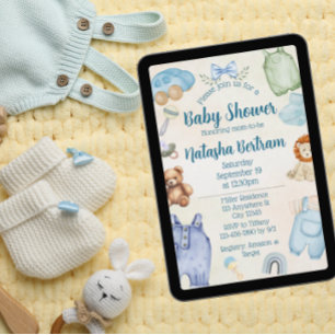 Convite Chá de Bebê Brinquedos e Roupas em Aquarela Azul