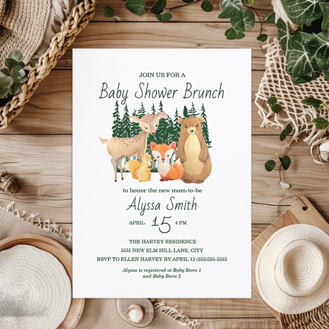 Convite Chá de Bebê Brunch Amigos da Floresta de Madeira F (Woodland Animal baby shower invitation)