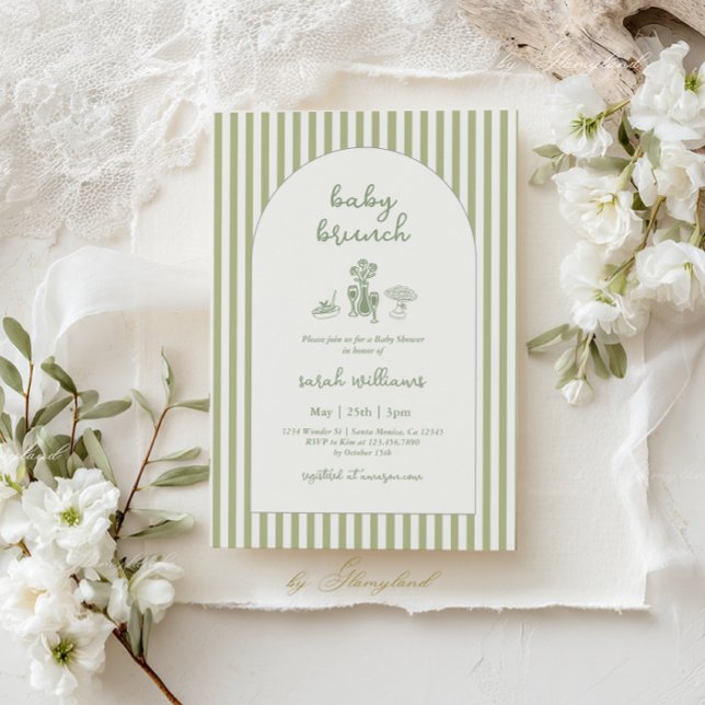 Convite Chá de Bebê Brunch Bebê Faixa Verde Salvia (Criador carregado)