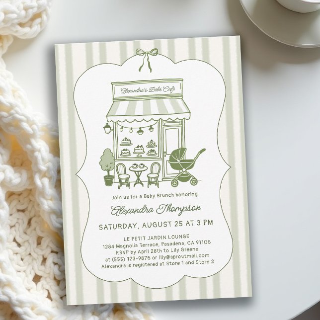 Convite Chá de Bebê Brunch Café Bebe Brewing Neutro (baby shower brunch invitation coffee theme brewing olive green bistro hand drawn modern chic stripes)
