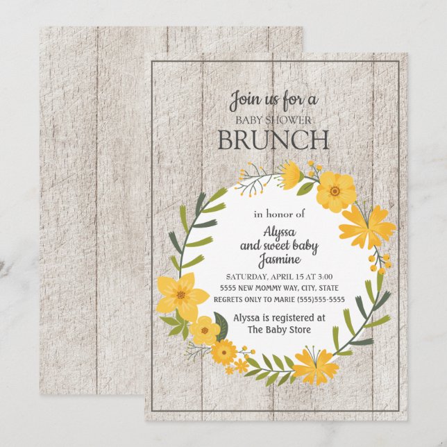 Convite Chá de Bebê Brunch Floral Amarelo de Madeira Rústi (Frente/Verso)