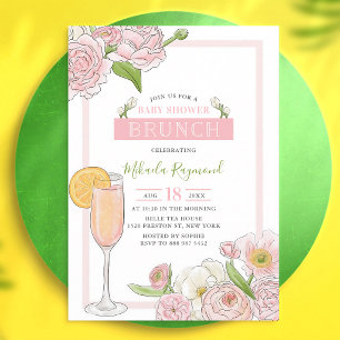 Convite Chá de Bebê Brunch Floral Rosa & Espumante