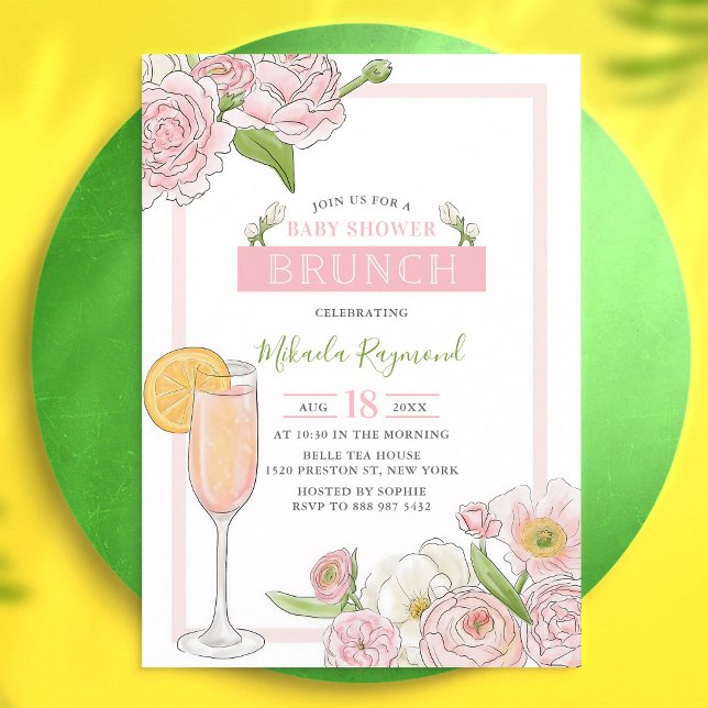 Convite Chá de Bebê Brunch Floral Rosa & Espumante (Criador carregado)