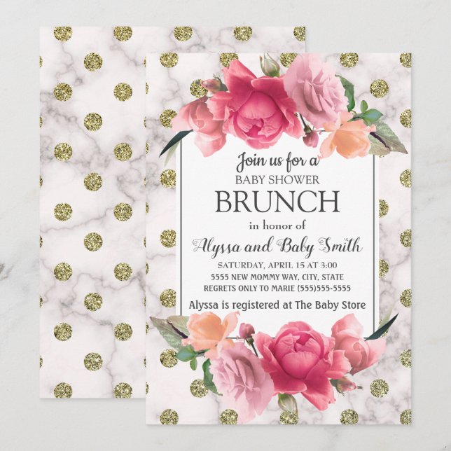 Convite Chá de Bebê Brunch Floral Rosa Mármore Dourado Bra (Frente/Verso)