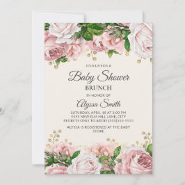 Convite Chá de Bebê Brunch Rosa Bege Dourado Floral