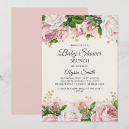 Convite Chá de Bebê Brunch Rosa Bege Dourado Floral