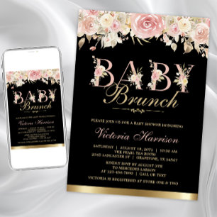 Convite Chá de Bebê Brunch Rosa Preto Dourado Floral Menin