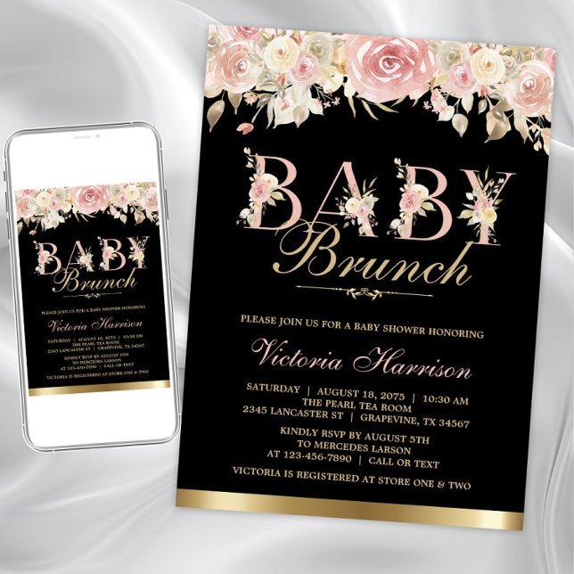 Convite Chá de Bebê Brunch Rosa Preto Dourado Floral Menin (Baby brunch baby shower invitation. Instant download and printed invitations available.)