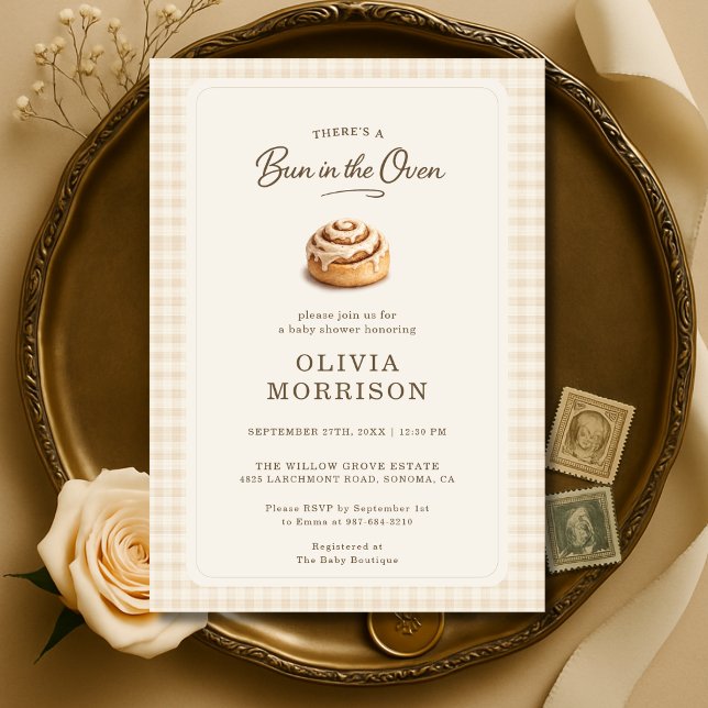 Convite Chá de Bebê Bun in the Oven Gingham Neutro (Criador carregado)