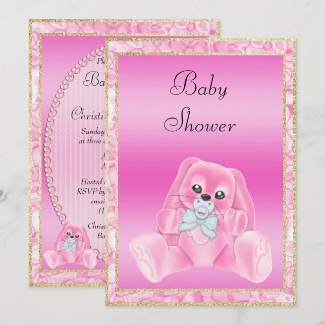 Convite Chá de Bebê Bunny com Orelhas Caídas Rosa Fofo (Frente/Verso)
