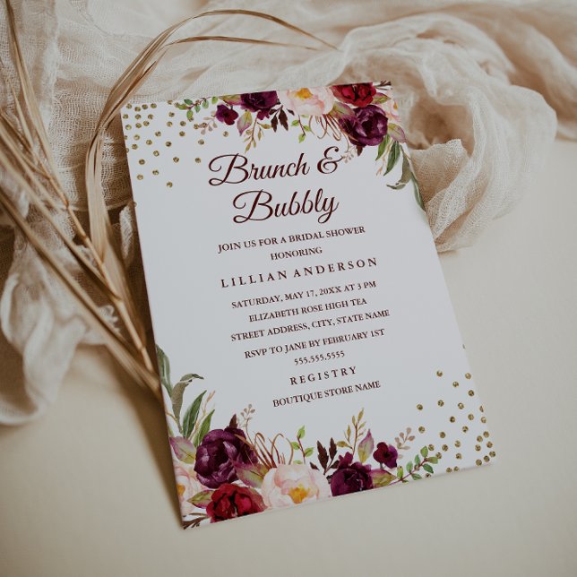 Convite Chá de Bebê Burgundy Floral Confetti Brunch e Espu (Criador carregado)