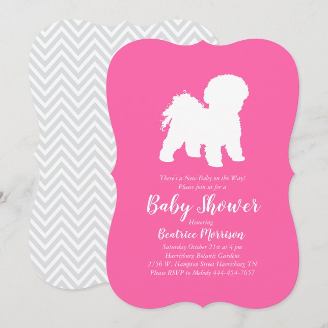 Convite Chá de Bebê Cachorrinho Bichon Frise Menina Rosa (Frente/Verso)