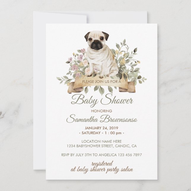 Convite Chá de Bebê Cachorrinho Pug (Frente)