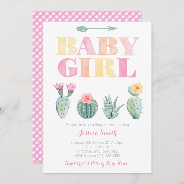 Convite Chá De Bebê Cactus Watercolor (Frente/Verso)