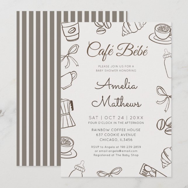 Convite Chá de Bebê Café Bebe Whimsical Coffee & Laço  (Frente/Verso)