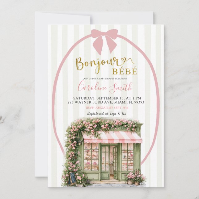 Convite Chá de Bebê Café Parisiense com Listra Rosa Sálvia (Frente)