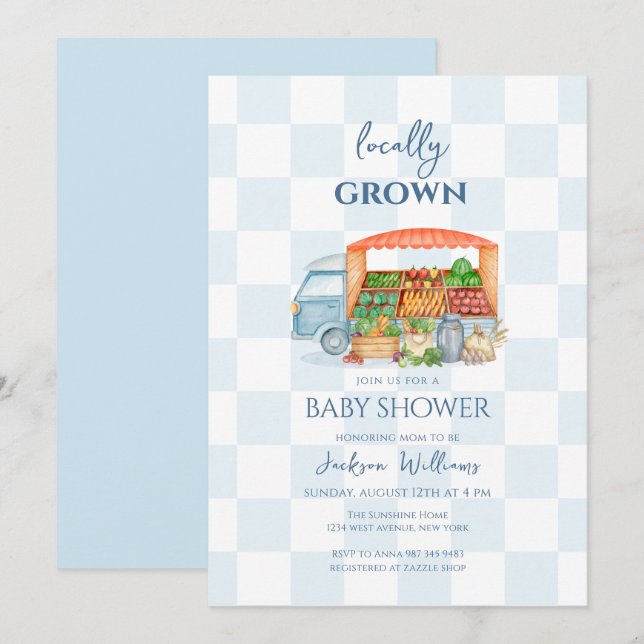 Convite Chá de Bebê Caminhão de Legumes Gingham Cultivados (Frente/Verso)