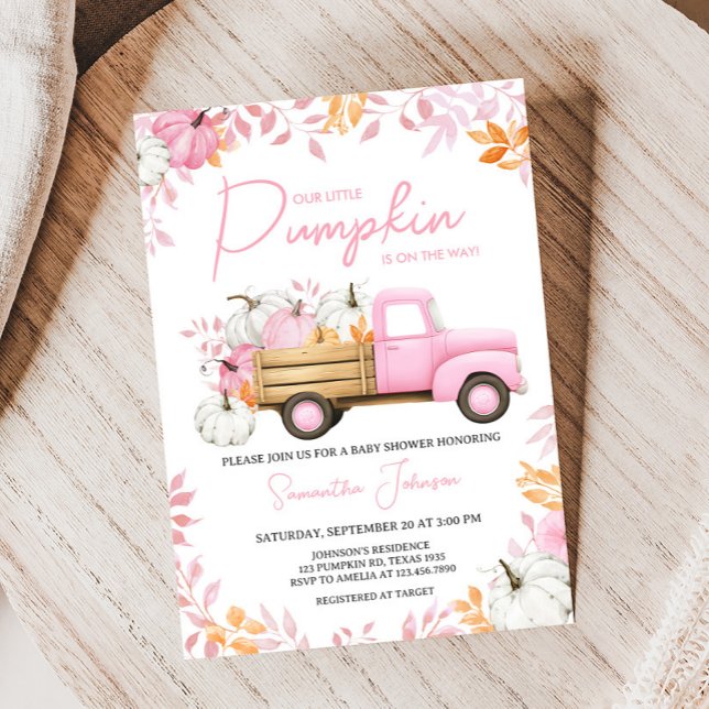 Convite Chá de Bebê Caminhãozinho Rosa Pequena Abóbora Out (Pink Little Pumpkin Truck Fall Baby Shower Invitation)