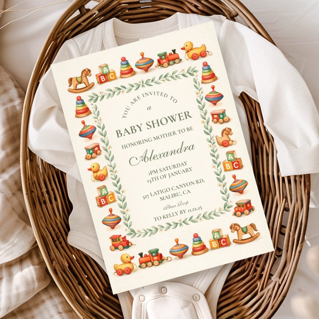Convite Chá de Bebê Caprichoso de Brinquedos Antigos (Criador carregado)
