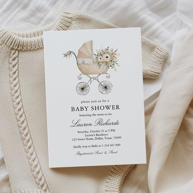 Convite Chá de Bebê Carruagem de Bebê Clássica Neutro (Criador carregado)