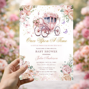 Convite Chá de Bebê Carruagem de Princesa Rosa Floral