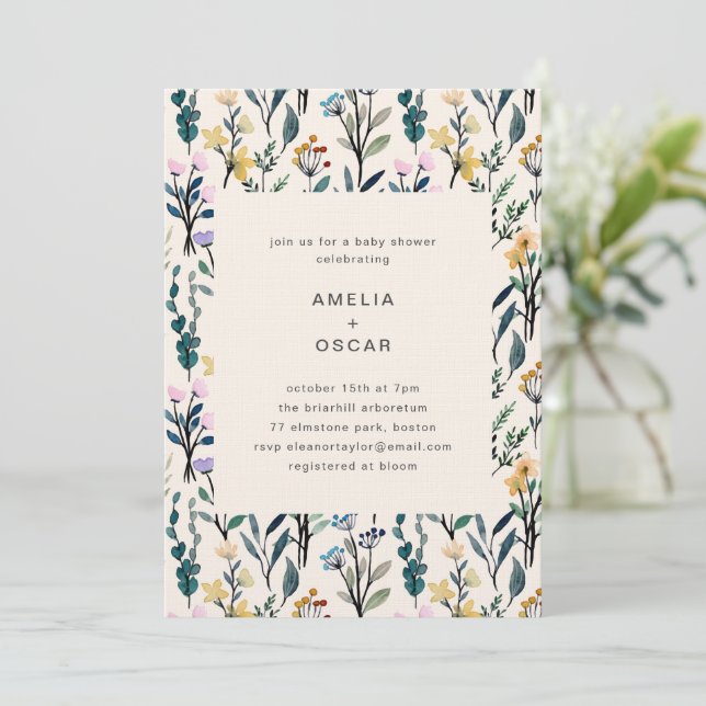 Convite Chá de Bebê Casais Flor de Campo Aquarela Boho (Em pé/Frente)