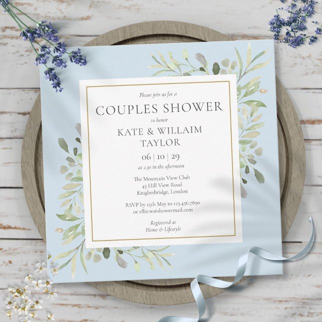 Convite Chá de Bebê Casais Menino Verde Aquarela (Watercolor Greenery Boy Blue Couples Baby Shower Invitation)