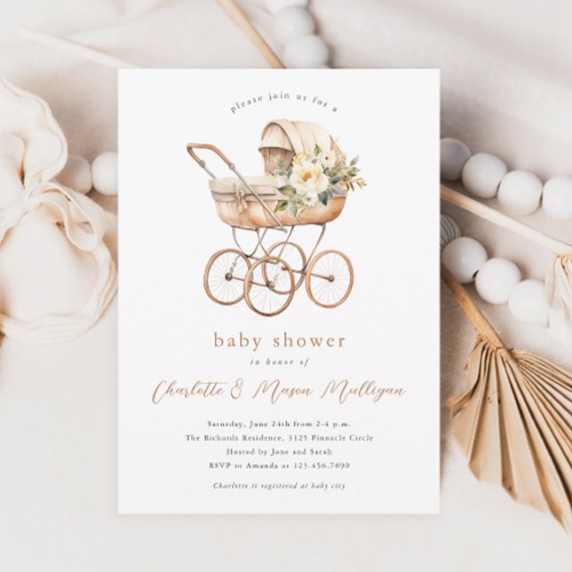 Convite Chá de Bebê Casal Carruagem de Bebê Antiga Neutro (Vintage baby carriage gender neutral floral boho couples baby shower invitations.)