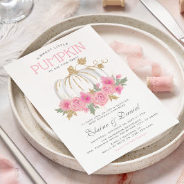 Convite Chá de Bebê Casal Elegante Rosa e Dourado Abóbora