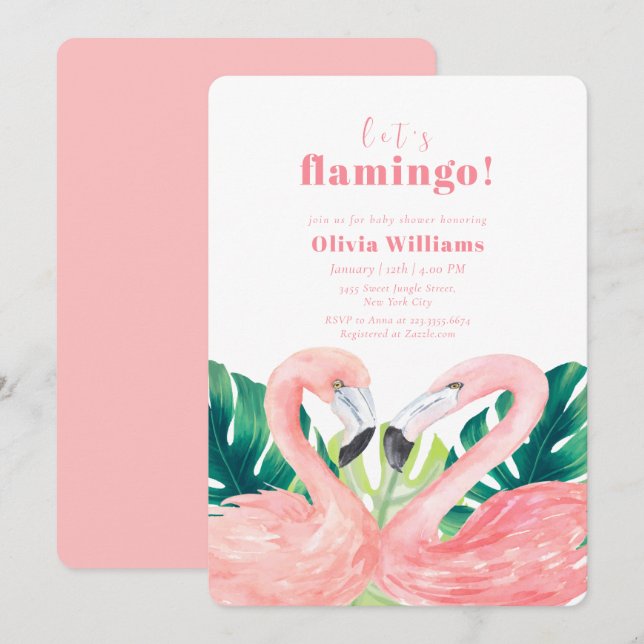 Convite Chá de Bebê Casal Tropical Aquarela Flamingo (Frente/Verso)