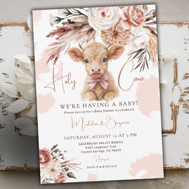 Convite Chá de Bebê Caubói Ocidental Rosa Country Vaqueiro (cow baby shower theme invitation rustic highland cute calf hide watercolor rose cowboy barn pink bow)