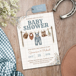 Convite Chá de Bebê Caubói Xadrez Ocidental Vintage Azul